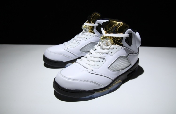 New Air Jordan 5 Retro Olympic White Black-Metallic Gold Coin Shoes
